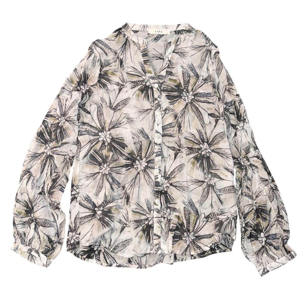 Lara Abstract Floral Button Down Blouse Small S Grey Rayon Long Sleeve Top